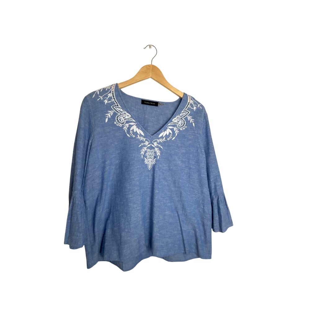 Blue Linen Blend Embroidered Boho V-Neck Linen Blend Relaxed Top XL